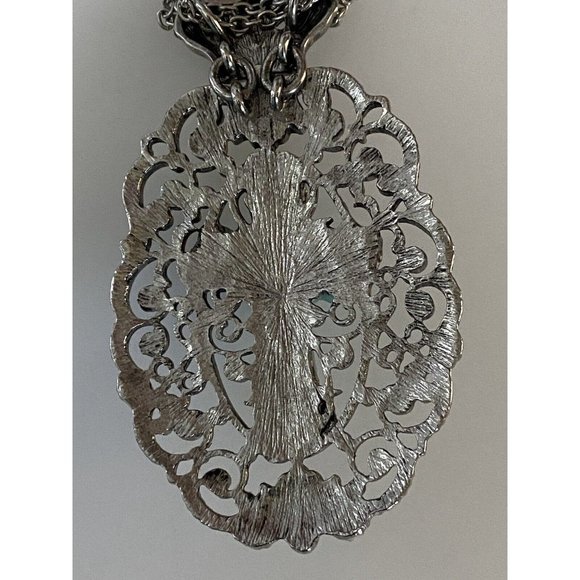 Silvertone Large Oval Cross Shaped Faux Turquoise Stone 16” Necklace Pendant Box - Picture 6 of 16